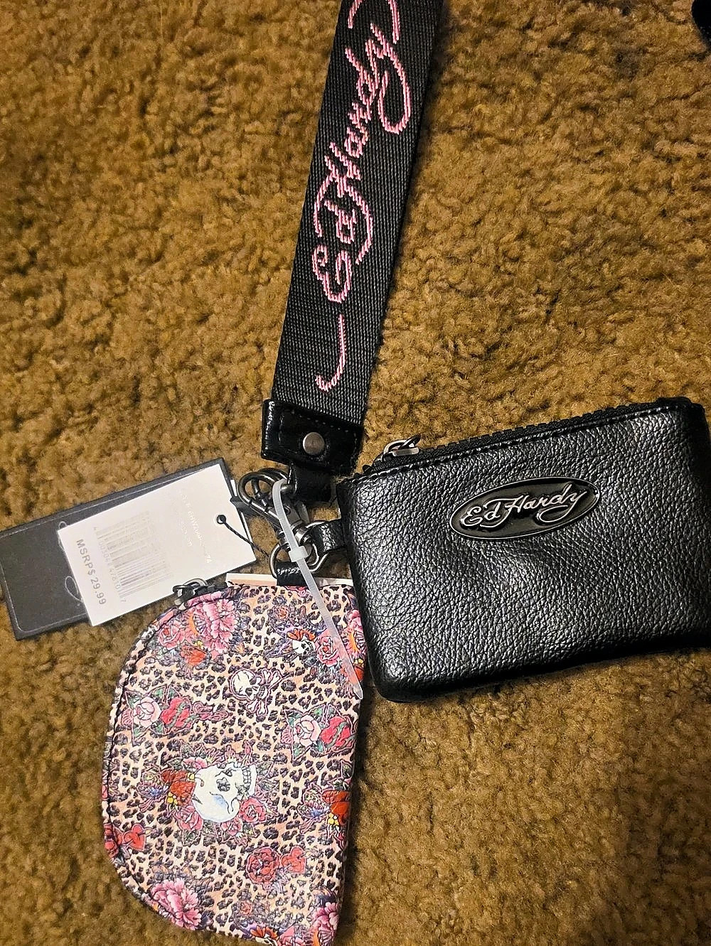 Ed Hardy Leopard Skull Wristlet Pouch and Keychain Set Black & Pink